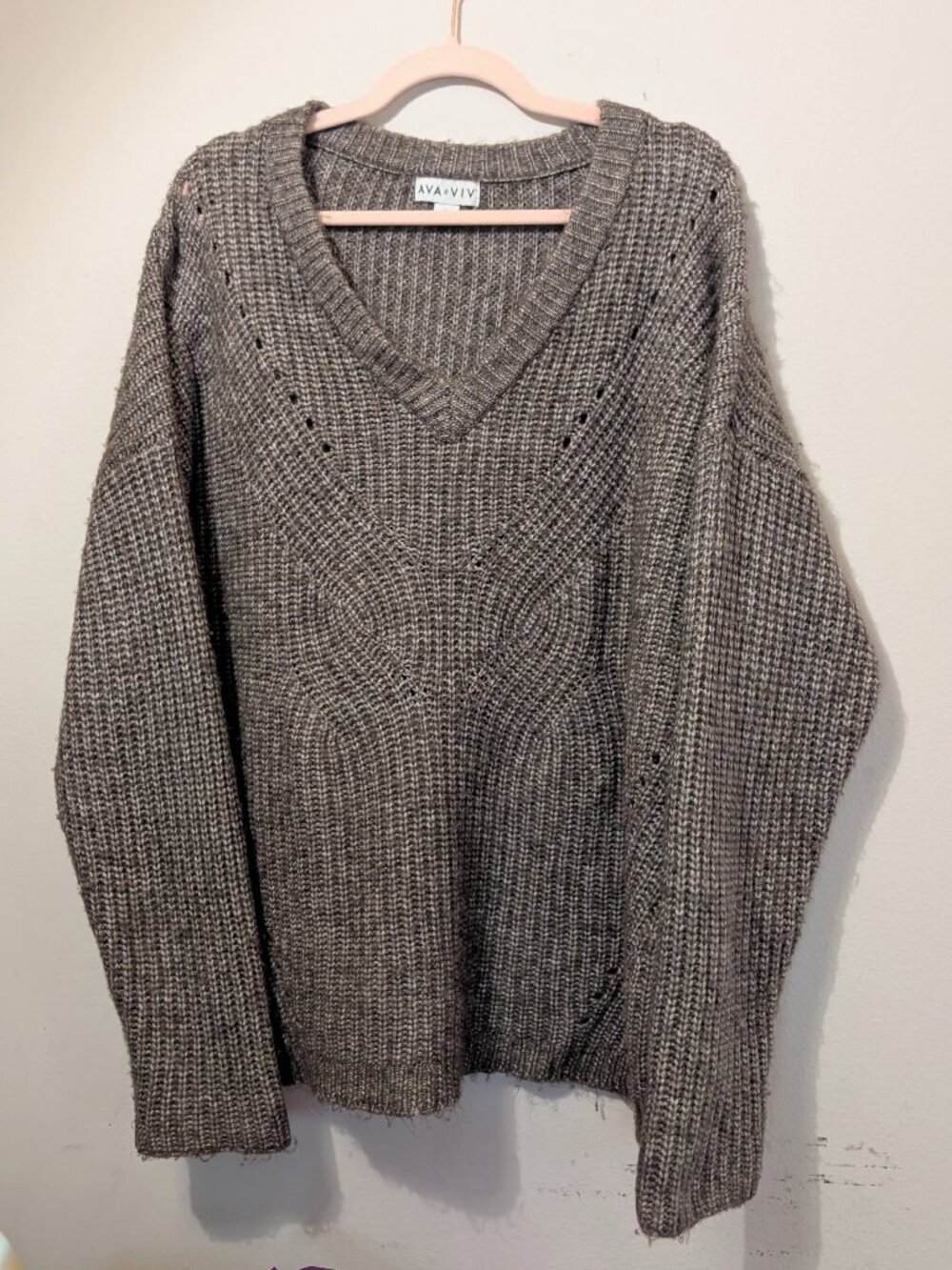 Tan and Brown Blend Knit V Neck Sweater Ava and Viv Size 2X